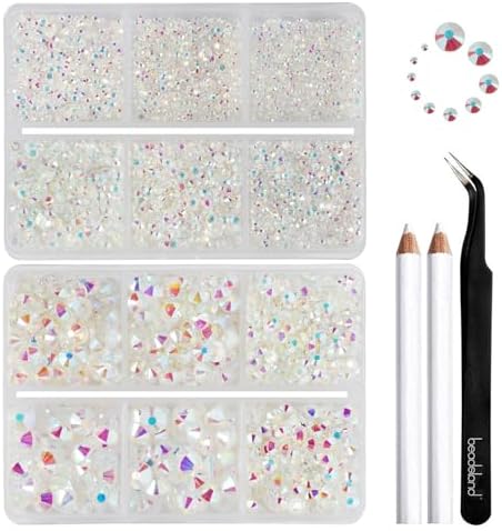 Beadsland 8300PCS Flatback Rhinestones, Glass Rhinestone Nail Gems Round Crystal Rhinestones for Crafts, Mixed 10 Sizes with Wax Pencil and Tweezer Kit, SS3-SS30, Transparent AB