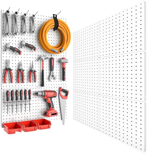 Peg Board, 6PCS Metal Pegboard, Heavy Duty Pegboard Wall Organizer with Frame. White Pegboard for Walls, Garage, Workbench, Craft Room Tool Organization, Metal Pegboard Panels 12in*12in