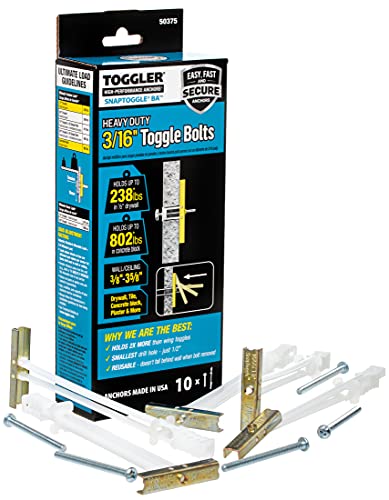 TOGGLER SNAPTOGGLE BA Toggle Anchor with Bolts, Zinc-Plated Steel Channel, Made in US, 3/8" to 3-5/8" Grip Range, for 3/16"-24 UNC Fastener Size (Pack of 10)
