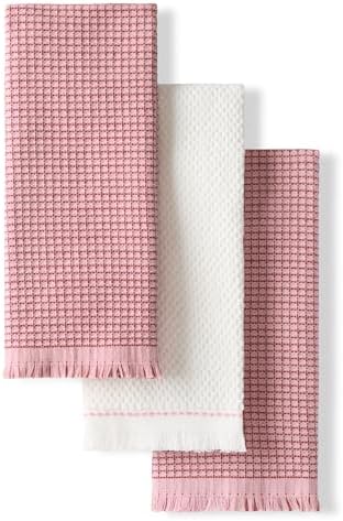 KitchenAid Gourmet Series Gridlines Kitchen Towels 3-Pack Set, 100% Cotton Absorbent, Dried Rose, 18"x28"