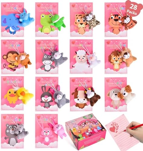 FUN LITTLE TOYS 28 Packs Valentines Mini Plush Toy Set, Cute Stuffed Animal for Kids, Valentine Cards for Students, Classroom
