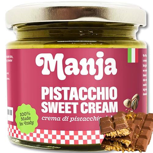 MANJA: Pistachio Sweet Cream Spread 10.58oz (300g), 100% Made in Italy with Real Pistacchios, Gluten-Free, Non-GMO, No Preservatives - Perfect for Bread, Croissants, Desserts, Pastries, and Dubai Chocolate Bars