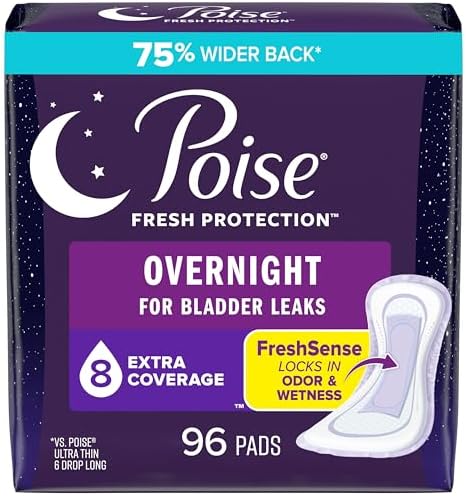 Poise Incontinence Pads & Postpartum Overnight Incontinence Pads, 8 Drop Extra Coverage, 96 Count (4 Packs of 24), Packaging May Vary