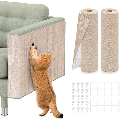 2PCS 39.4"x15.8" Self-Adhesive Cat Scratch Mats – Trimmable DIY Cat Scratcher Pads for Couch, Wall, Doors & Furniture Protection, Durable Anti-Scratch Cover for Cat Towers & Replacement Pads (Beige)