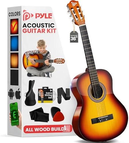 Pyle Beginner Acoustic Guitar Kit, 3/4 Junior Size All Wood Instrument for Kids, Adults, 36" Brown Gloss