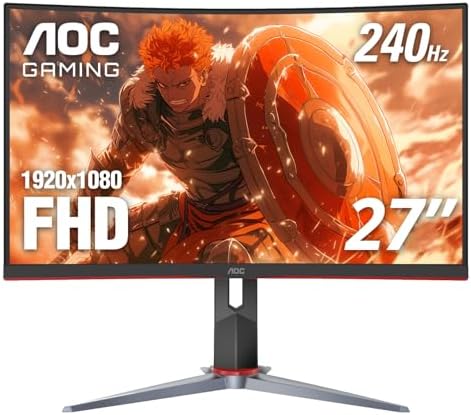 AOC C27G4H 27" Curved Gaming Monitor, FHD 1080p, 180Hz, AMD FreeSync, 3-Year Zero Dead Pixel Guarantee, Black, Xbox PS5 Switch Compatible