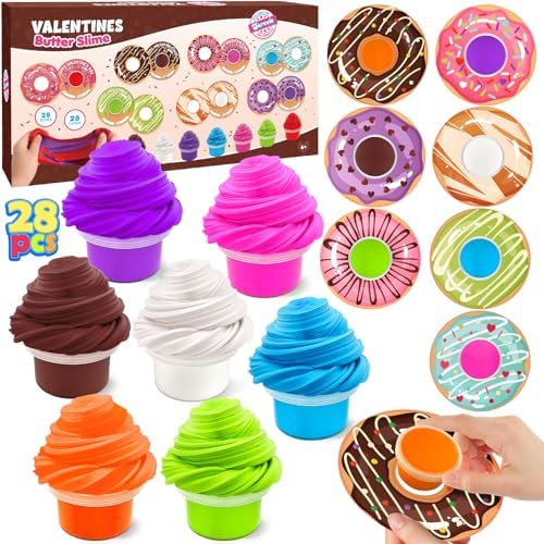28 Pack Valentines Day Gifts for Kids, Butter Slime with Greeting Card Stress Relief Fidget Toy for Kids Classroom Valentine's Gifts Exchange