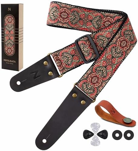 Nefelibata Guitar Strap, Vintage Embroidered Cotton Guitar Straps with Head Cowhide Leather Ends for Bass, Electric & Acoustic Guitars, Free Strap Button, 1 Pair Strap Locks and 4 Guitar Picks