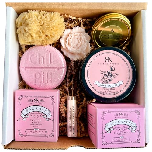 Beets and Apples Rose Spa Gift Basket, Care Package for Women, Ultimate Self Care Package with 8 Natural Spa Essentials (Deluxe Rose Relax)
