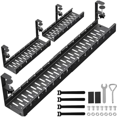 31Inch Extendable Under Desk Cable Management Tray, Metal Cable Management Tray Under Desk Cord Management with Clamp, Extendable Power Strip Cord Holder for Wire Cable Management