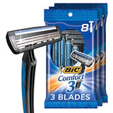 BIC Comfort 3 Disposable Razors for Men for an Ultra-Soothing, Comfortable Shave, 3 8-count Packs of Razors With 3 Blades, 8 Count (Pack of 3)