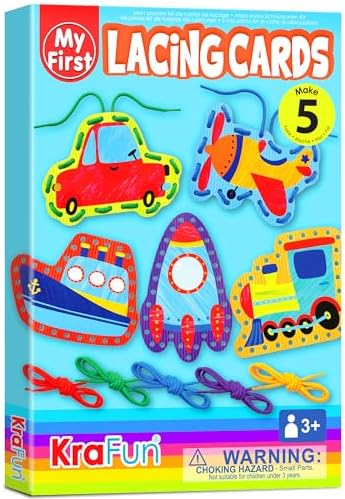 KRAFUN Preschool Beginner First Lacing Card Kit for Kids Training Arts & Crafts, 5 Easy Transport and Cars Lacing Projects, Lacing Cards for Toddlers, Fine Motor Skills Toys