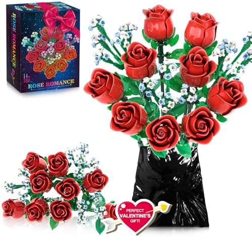 Valentines Artificial Flowers for Adults Rose Bouquet Building Set, Wildflowers Icon Flowers Botanical Collection Kits Compatible with Lego Flower, Valentines Day Gifts for Her Kids Women Girls