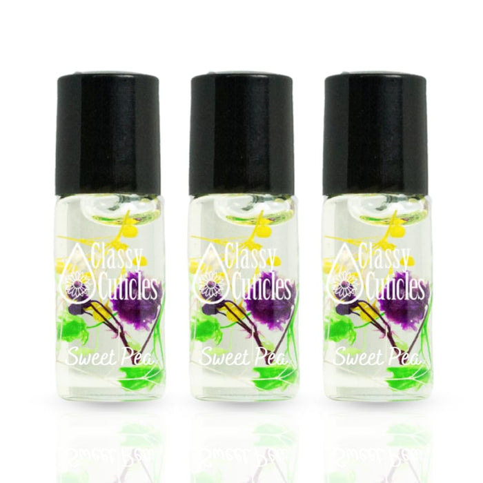 Classy Cuticles | Hand Blended Cuticle Oil | Vegan, Cruelty-Free, & Hydrating | Vitamin E, Jojoba, and Argan Oil | 5 mL Roller Bottle | Sweet Pea Scent | Pack of 3