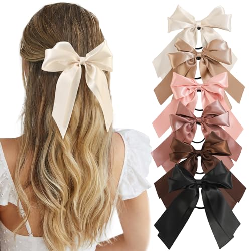 Yougeigy 6PCS Bow Hair Ties, Satin Hair Ribbon, Ribbon Hair Bows for Women Girls, Elastics Hair Scrunchies for Thick Thin Hair, Bows Hair Accessories for Valentine's Day