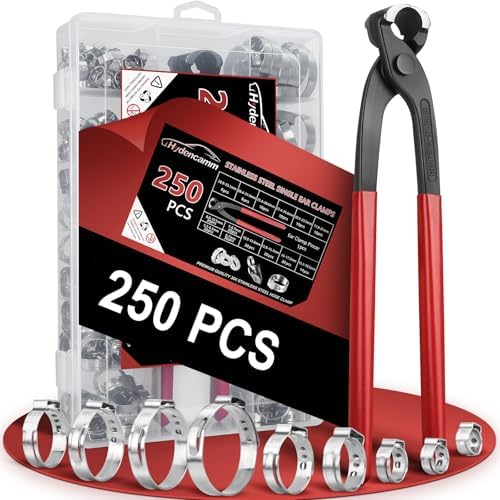 250PCS 14 Sizes Single Ear Hose Clamp, 5.3-33.1mm 304 Stainless Steel Ear Clamp Kit with Ear Clamp Pincer, Stepless Hose Clamps Cinch Rings for Automotive, Home Appliance Line and Plumbing
