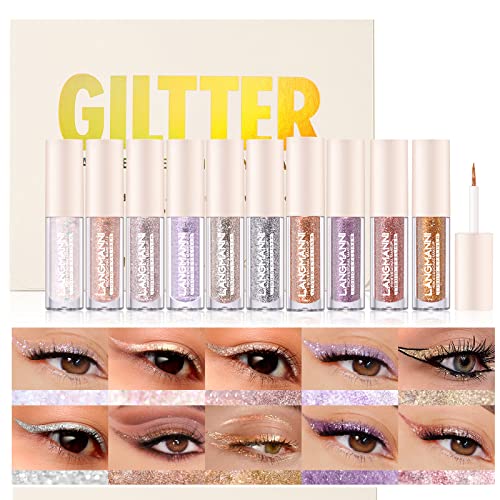 BestLand 10 Colors Liquid Pearl Glitter Eyeliner & Eyeshadow - Purple White Silver Liquid Eyeliner Delineadores de Colores Para Ojos Face Lips Art for Party Festival Makeup (Colorful Sequins)