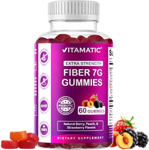 Vitamatic Prebiotic Fiber Gummies for Adults - 7G Fiber Extra Strength - Zero Sugar Added - 60 Pectin Based Gummies - Digestive Health & Regularity Support