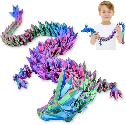Large 30" 3D Printed Dragon, Articulated 3D Dragon Toys, Long Crystal Dragon Rainbow Red Green Blue