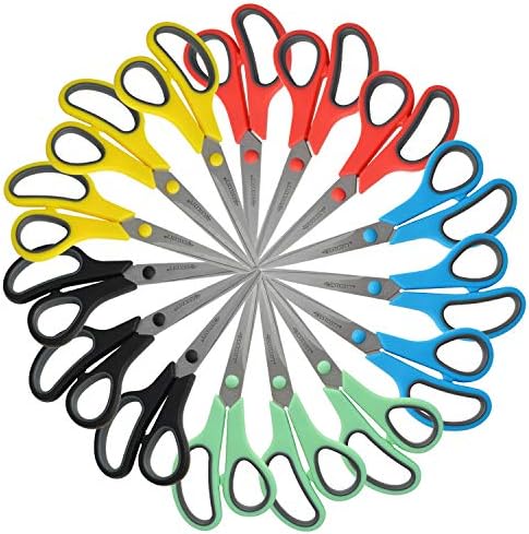 Westcott 8" Straight Stainless Steel Soft Handle Scissors, Assorted Colors, Pack of 15