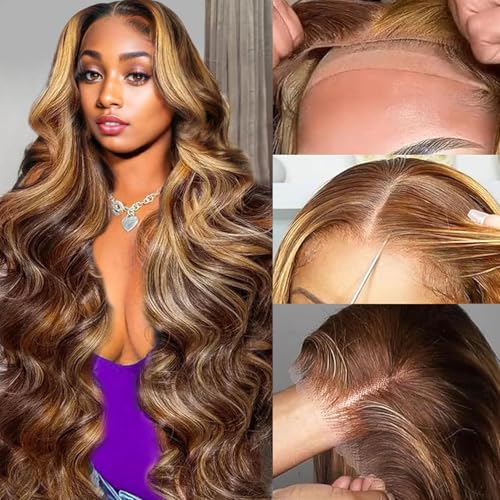 28 Inch Highlight Ombre Lace Front Wig Human Hair 200% Density Brown Highlighted Wig Human Hair 7x5 Highlight wigs human hair glueless wear and go Pre Plucked With Baby Hair Highlight Wig for Women