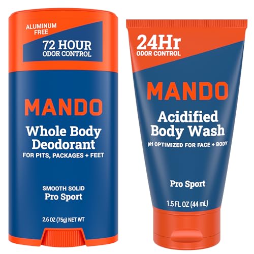 Mando Smooth Solid Stick (2.6 Ounce) + Acidified Body Wash (1.5 Ounce) - Clinically Proven to Block Odor All Day - Whole Body Safe For Pits, Packages + Feet (Pro Sport)