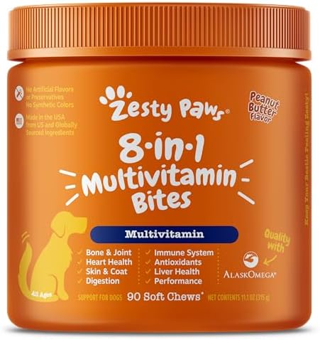 Zesty Paws Dog Multivitamin - Dog Vitamins and Supplements - Chewable Dog Vitamins - for Dog Hip & Joints - Dog Supplements for Skin & Coat- Senior & Puppy Multivitamin for Dogs - Peanut Butter- 90ct