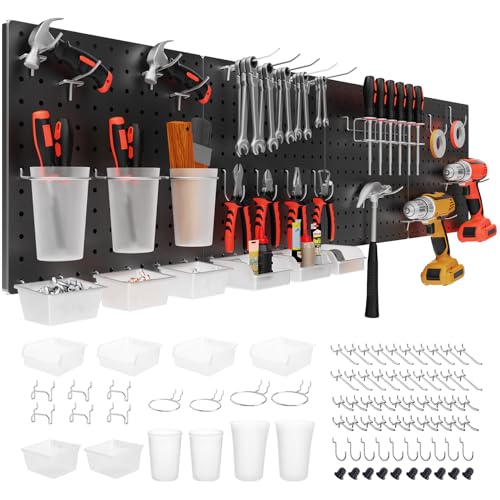 FZK Peg Board, 74PCS Metal Pegboard Wall Organizer Kit. Heavy Duty Pegboard, Peg Boards, Pegboard for Walls, Black Pegboard for Garage Craft Room Workbench Office Kitchen Tool Organization, 24 * 24