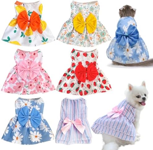 6 Pieces Dog Dresses for Small Dogs Girls, Cute Princess Puppy Kitten Dog Dresses with Flowers and Bowknot for Pet Dogs Cats, Small Dog Outfits Female Pet Skirts Clothes for Chihuahua Yorkies