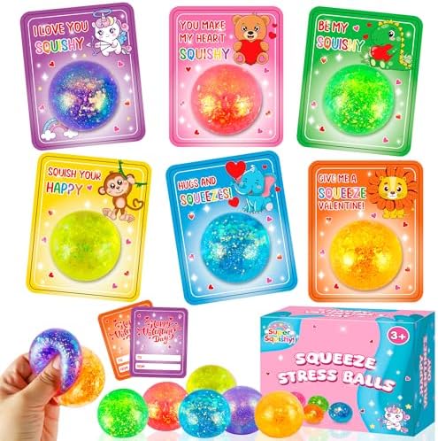 Valentines Day Gift Cards for Kids with Stress Balls,30 Packs Stretchy Squishy Balls Sensory Squeeze Fidget Toys for School Classroom Gifts Exchange Prizes Valentines Party Favor for Toddler Boy Girl