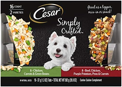 CESAR SIMPLY CRAFTED Adult Wet Dog Food Meal Topper, Chicken, Carrots & Green Beans and Beef, Chicken, Purple Potatoes, Peas & Carrots Variety Pack, 1.3 oz., Pack of 16