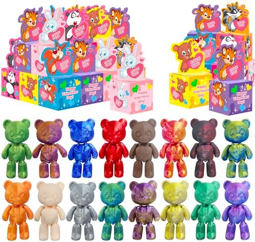 24 Pack Valentine's Gift for Kids Mini Bears Toys Party Favors, 3D Print Mini Bear Toys with Gift Box for Kids Girls Boys Valentines Day Gifts Classroom School Exchange Prize