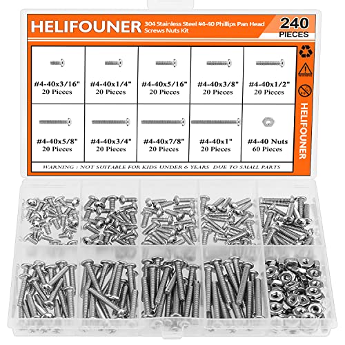 240 Pieces #4-40 Phillips Pan Head Machine Screws Nuts Assortment Kit, Coarse Thread, Fully Machine Threaded, 304 Stainless Steel