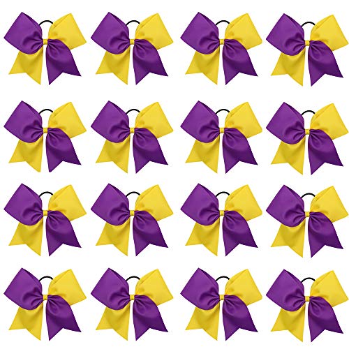 16PCS 8" Large Cheer Hair Bows Ponytail Holder Elastic Band Handmade for Cheerleading Teen Girls College Sports (Purple/Gold, 16 Count (Pack of 1))