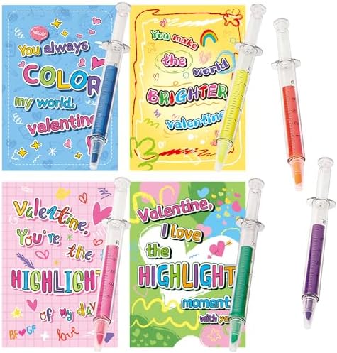 32Pcs Kids Valentines Day Gifts for Classroom - Valentine Cards with Syringe Shape Highlighter Novelty Toys for Boys Girls Exchange Gifts, Party Favor Prizes, Valentine’s Greeting Gifts
