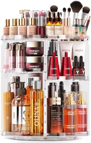 Rotating Makeup Organizer, DIY 6 Adjustable Layers Spinning Skincare Organizer, Cosmetic Organizer with Brush Holder Perfume Tray, Multi-Function Storage Carousel for Vanity Bathroom Countertop
