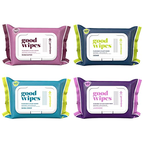Goodwipes Flushable Butt Wipes Made with Vitamin E & Aloe - Soft & Gentle Wet Wipe Dispenser for Home Use, Septic & Sewer Safe - Largest Adult Toilet Towelettes - Variety Pack, 240 Count (4 Packs)