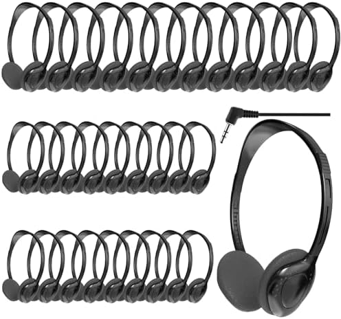 30 Pack Class Set Headphones for Kids Students School Classroom Bulk Earphones Adjustable with 3.5 mm Jack for Library Children Adults(004 Black Headphones)