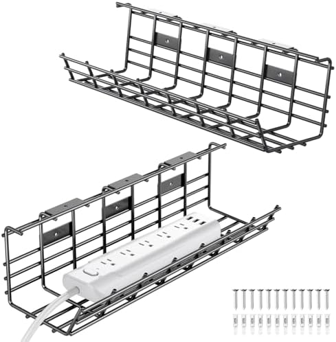 2 Pack Under Desk Cable Tray, Metal Desk Organizer, Wire Cord Management, Black