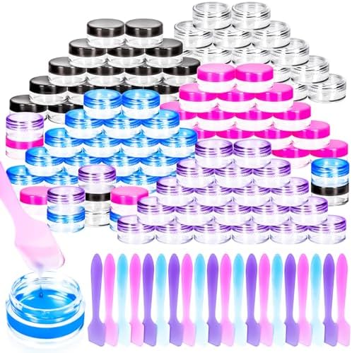 MotBach 100 Pcs 5g Empty Plastic Containers with Colored Lids,Mini Makeup Sample Containers, Small Sample Pot Jars Round Cosmetic Jars with Mini Spatulas for Liquid Sample Powder Creams Lotions