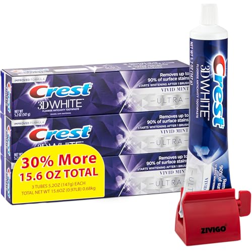 Crest3D-White Ultra Whitening Toothpaste, Vivid Mint, Anticavity Fluoride Toothpaste, 3 Large Tubes of 5.2 oz (Total 15.6 oz) Bundle with Zivigo Toothpaste Squeezer Compatible with Crest,