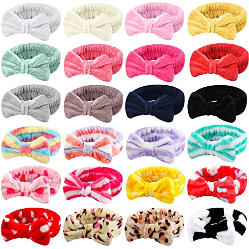 WILLBOND 24 Pack Spa Headband Bow Hairband Facial Makeup Women Face Wash Adjustable Skincare Headbands Flannel Towel Soft Head Wraps for Women Shower Washing Face(Stylish Pattern)