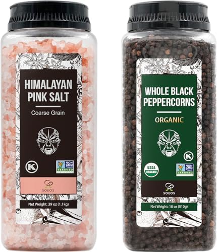 Soeos Himalayan Pink Salt Coarse 39 oz + Organic Black Peppercorns 18 oz, Salt for Grinder Refill, Salt and Peppercorns, Pepper Grinder Refill, Non-GMO Spice Seasoning Set For Cooking