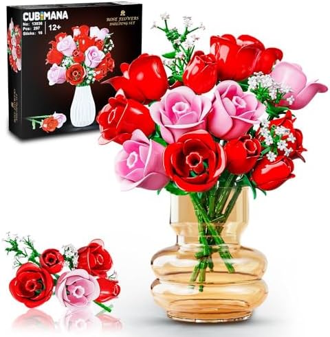 Flowers Bouquet Building Sets with Light - 16 Roses Bouquet Botanical Building Blocks Toy, Artificial Roses Flowers Home Decor Valentine Mother's Day Birthday Gifts for Adults Girls (297PCS)