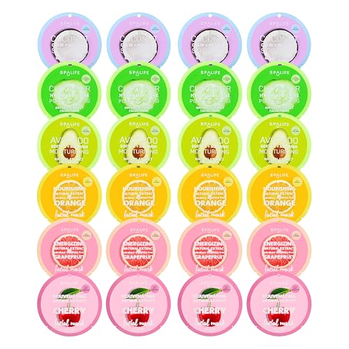 SpaLife Beauty Fruit Facial Sheet Masks 24 Pack – Face Masks Skincare Set – Hydrating Face Masks – 6 Natural Fruit Extract Formulas – Orange, Grapefruit, Strawberry, Cherry, Nectarine, Red Apple