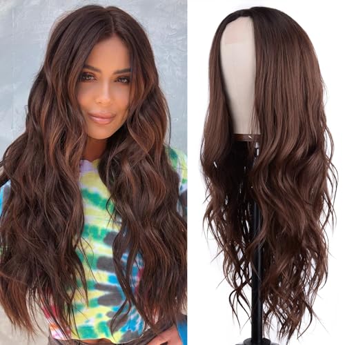 Brown Long Wave Wig for Women -26inch Middle Part Long Curly Wig Heat Resistant Synthetic Hair Looking Natural, Fiber Wig for Daily Party Use