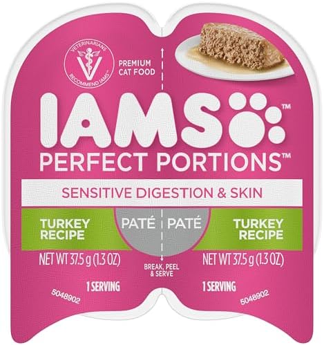 Iams Perfect Portions Sensitive Digestion & Skin Adult Wet Cat Food Paté, Turkey Recipe, 2.6 oz. Easy Peel Twin-Pack Trays (24 Count, 48 Servings)