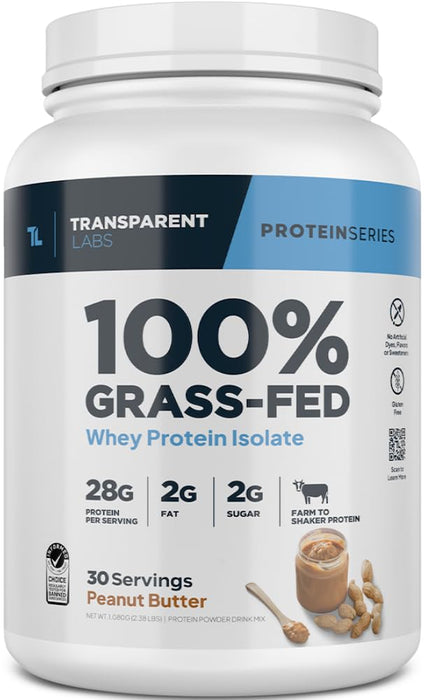 Transparent Labs Grass-Fed Whey Protein Isolate - Naturally Flavored, Gluten Free Whey Protein Powder with 28g of Protein per - 30 Servings, Peanut Butter