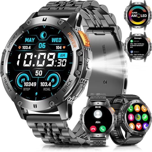 Military Smart Watches for Men with Bluetooth Call, 1.43" AMOLED Waterproof Smartwatch with Flashlight, 111 Sport Modes, 530mAh Heart Rate/SpO2/Sleep Monitor Fitness Tracker for Android iOS