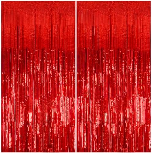 K.E.J. 2 Pack Foil Curtain Backdrop Red Metallic Tinsel Foil Fringe Curtains Photo Booth Props for Birthday Wedding Engagement Baby Shower Bachelorette Christmas Holiday Celebration Party Decorations